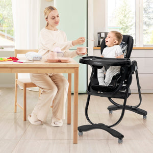 Multifunctional Folding Baby High Chair with Rolling Wheels and Adjustable Height-Black view 2