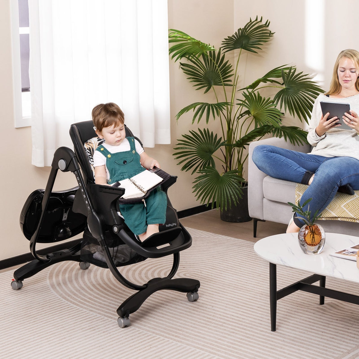 Multifunctional Folding Baby High Chair with Rolling Wheels and Adjustable Height-Black view 3