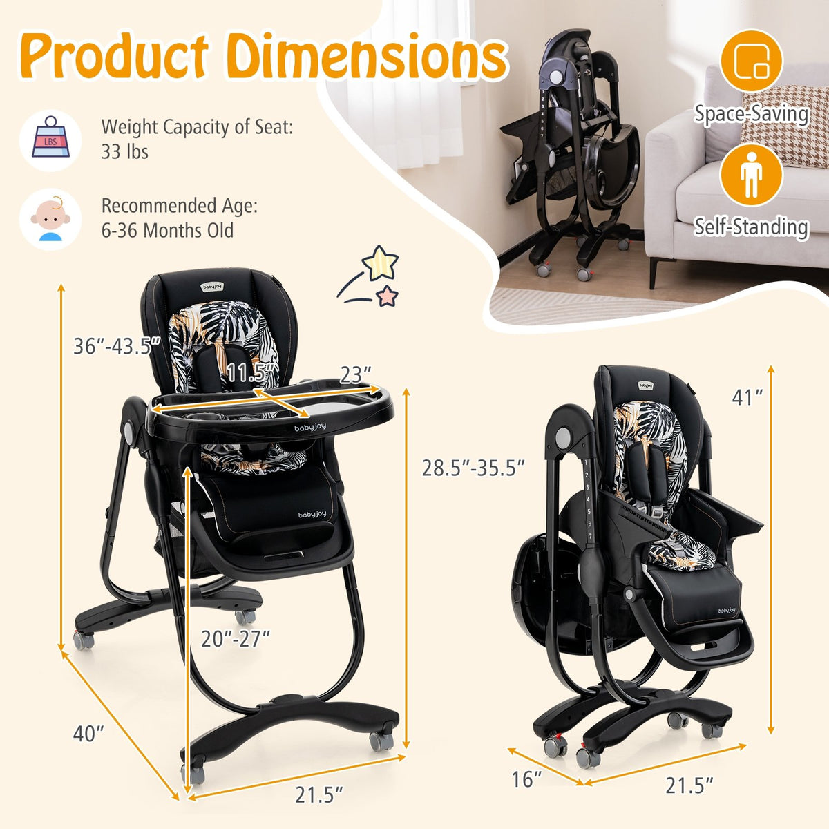 Multifunctional Folding Baby High Chair with Rolling Wheels and Adjustable Height-Black view 4