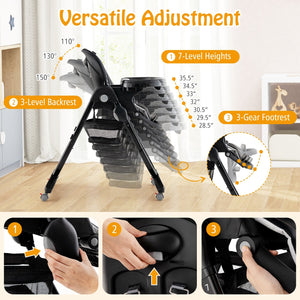 Multifunctional Folding Baby High Chair with Rolling Wheels and Adjustable Height-Black view 5