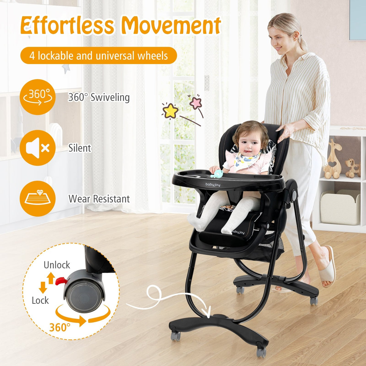 Multifunctional Folding Baby High Chair with Rolling Wheels and Adjustable Height-Black view 9
