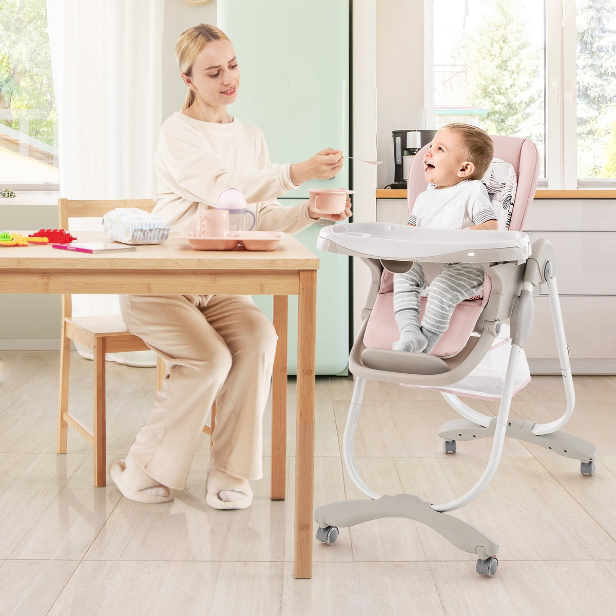 Multifunctional Folding Baby High Chair with Rolling Wheels and Adjustable Height-Pink view 2