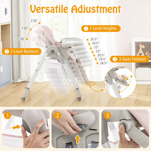 Multifunctional Folding Baby High Chair with Rolling Wheels and Adjustable Height-Pink view 5