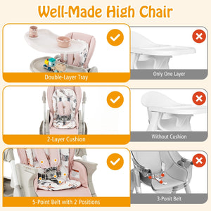 Multifunctional Folding Baby High Chair with Rolling Wheels and Adjustable Height-Pink view 8