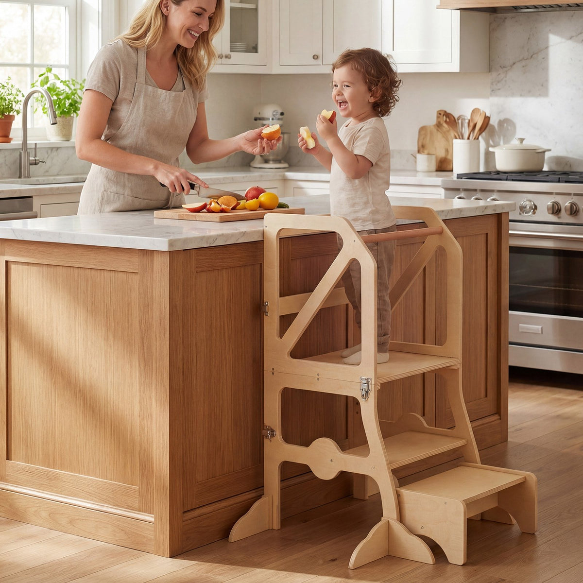 Multifunctional Kids Kitchen Step Stool with Removable Safety Bar and Fixing Buckles view 2