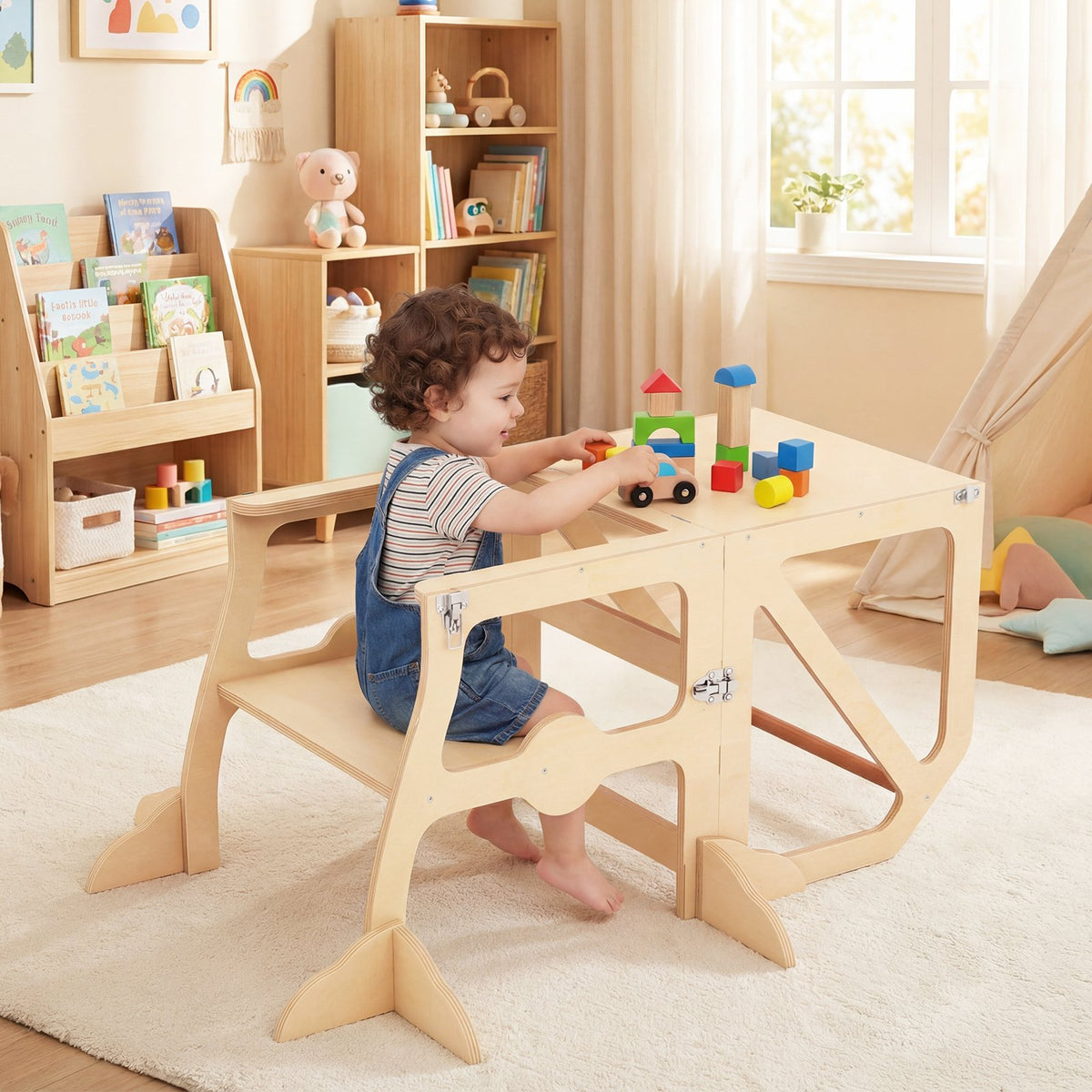 Multifunctional Kids Kitchen Step Stool with Removable Safety Bar and Fixing Buckles view 6