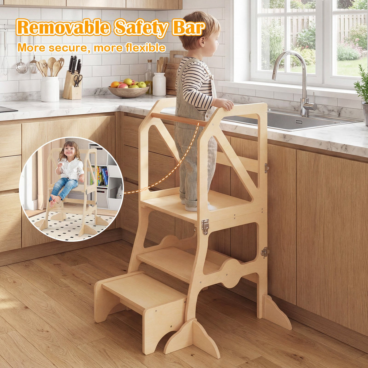 Multifunctional Kids Kitchen Step Stool with Removable Safety Bar and Fixing Buckles view 8