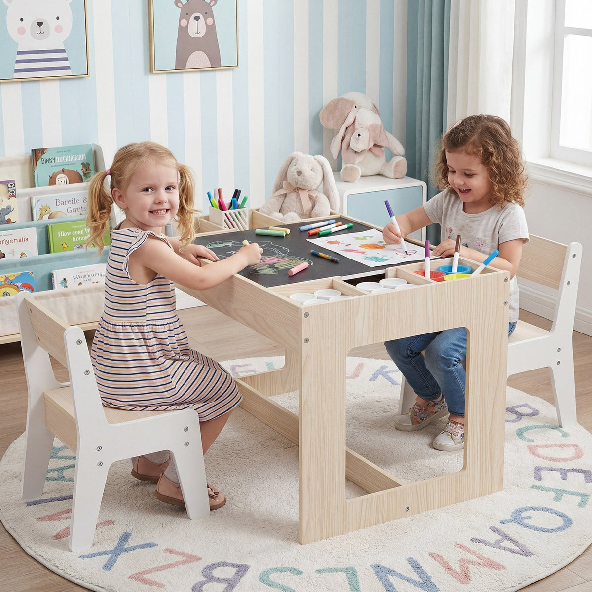 Multifunctional Kids Table and 2 Chairs Set with Chalkboard-Natural view 2