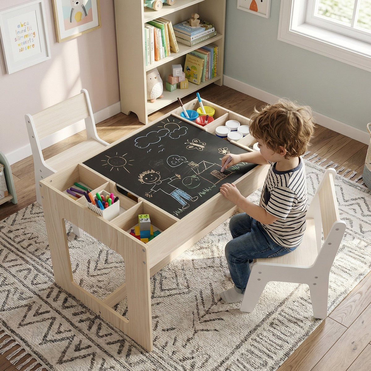 Multifunctional Kids Table and 2 Chairs Set with Chalkboard-Natural view 3