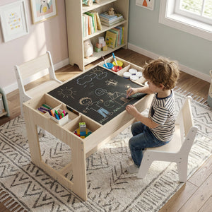 Multifunctional Kids Table and 2 Chairs Set with Chalkboard-Natural view 3