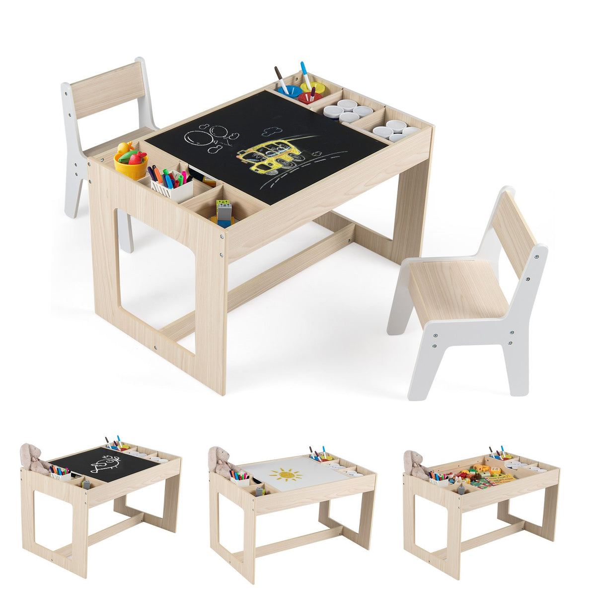 Multifunctional Kids Table and 2 Chairs Set with Chalkboard-Natural view 4