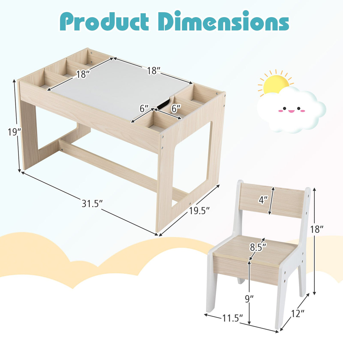Multifunctional Kids Table and 2 Chairs Set with Chalkboard-Natural view 5