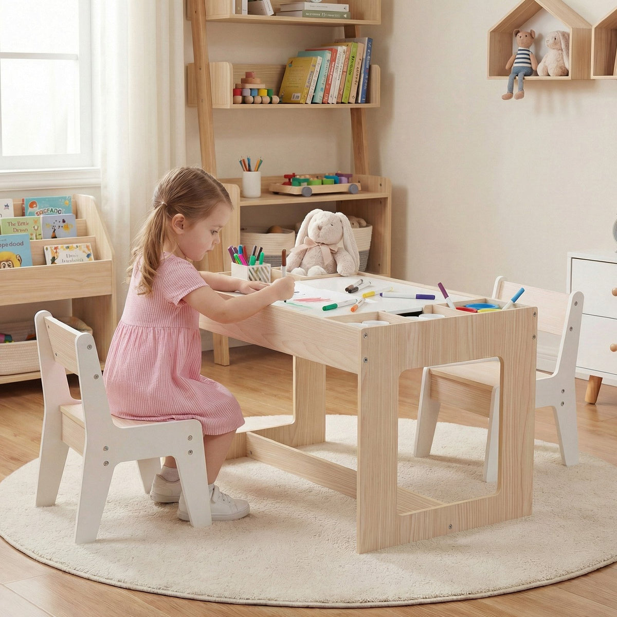 Multifunctional Kids Table and 2 Chairs Set with Chalkboard-Natural view 6