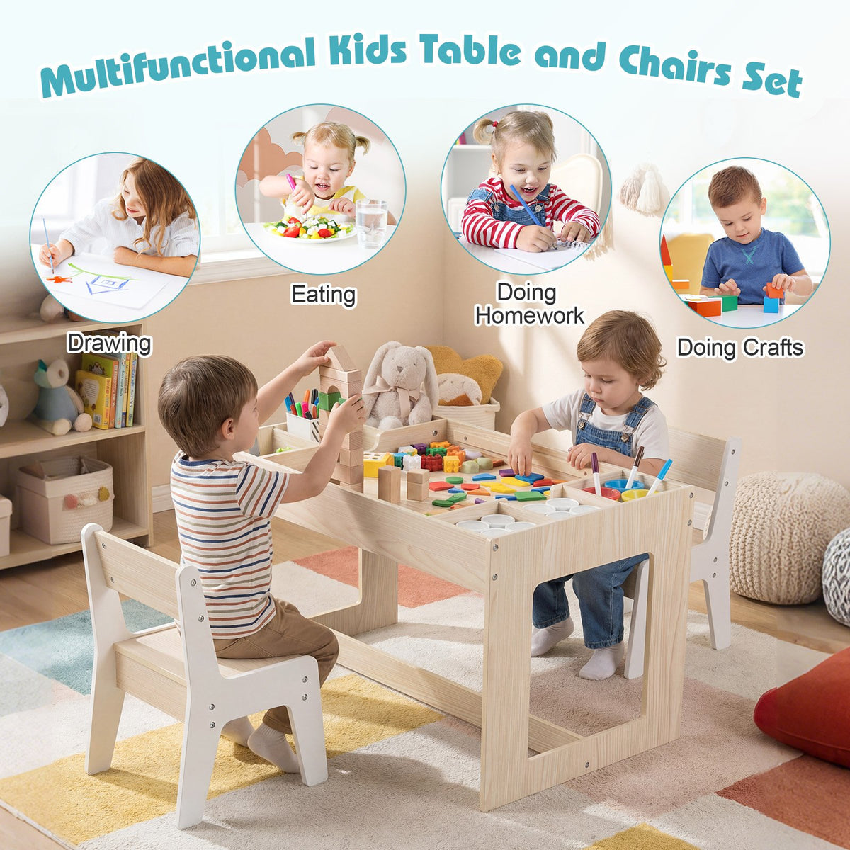 Multifunctional Kids Table and 2 Chairs Set with Chalkboard-Natural view 7