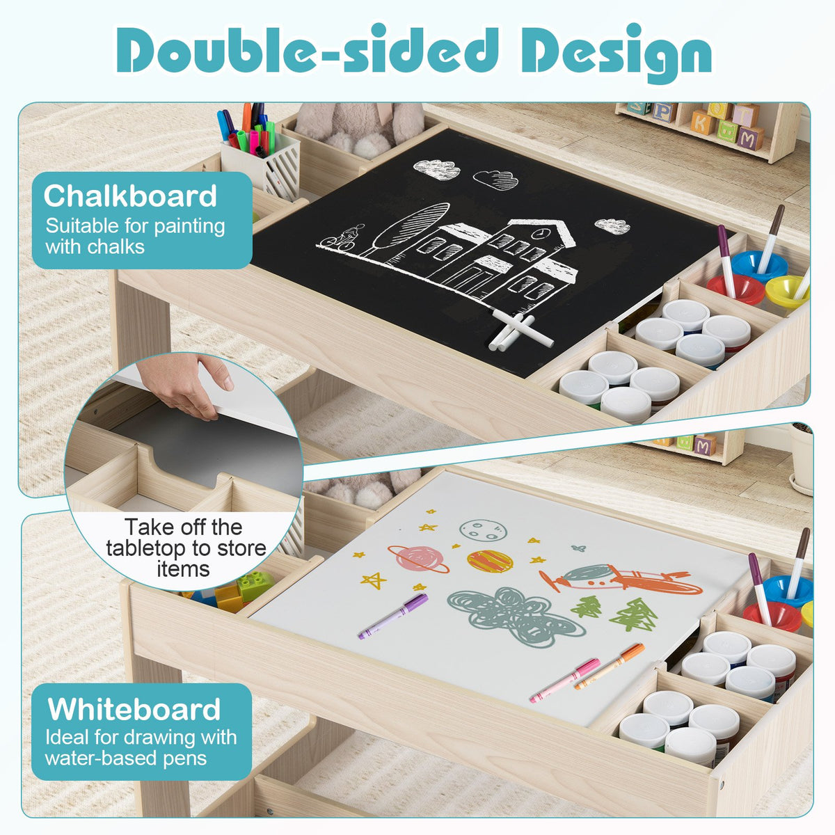 Multifunctional Kids Table and 2 Chairs Set with Chalkboard-Natural view 8
