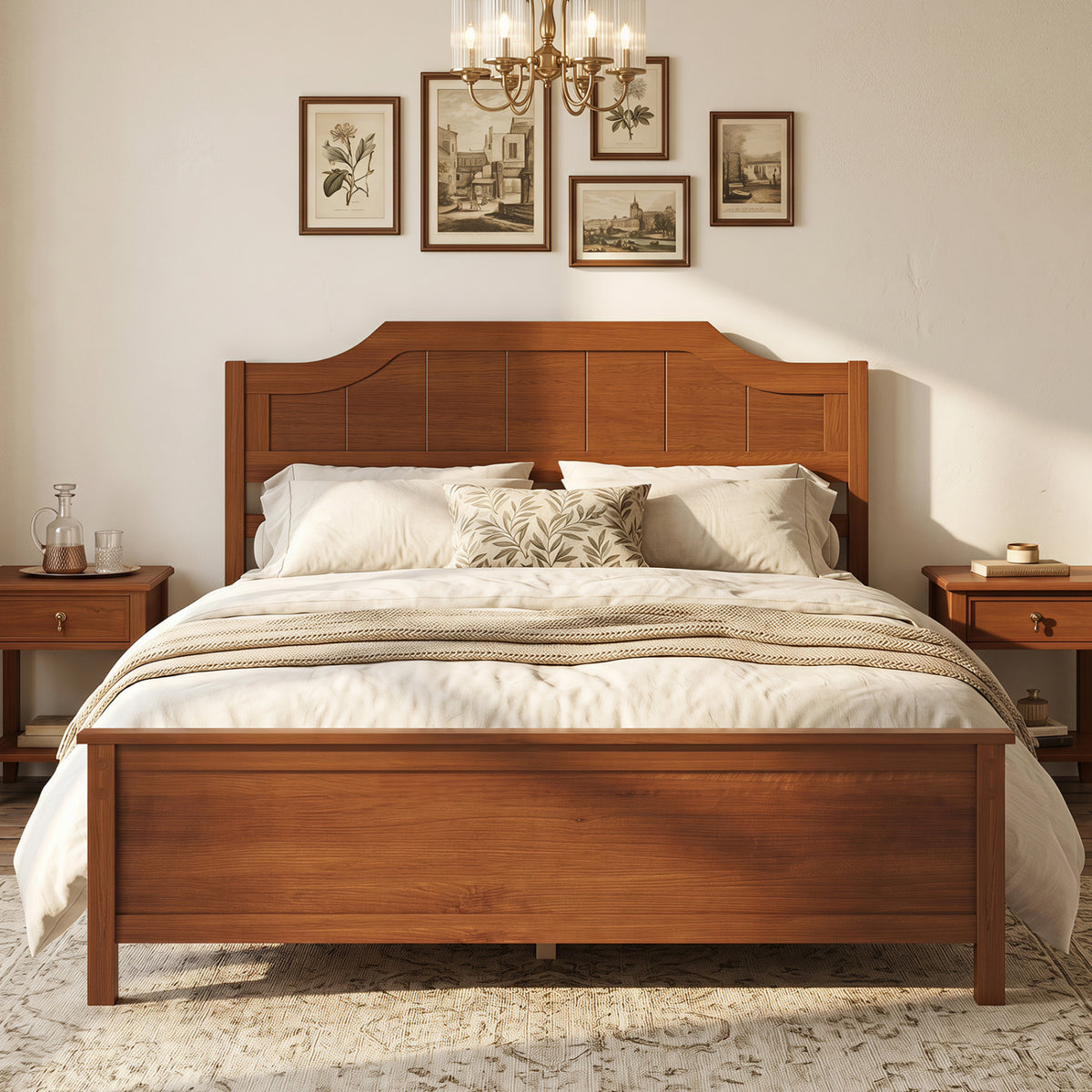 Multiple Size Solid Wood Platform Bed Frame with Headboard in Walnut-Full Size view 2