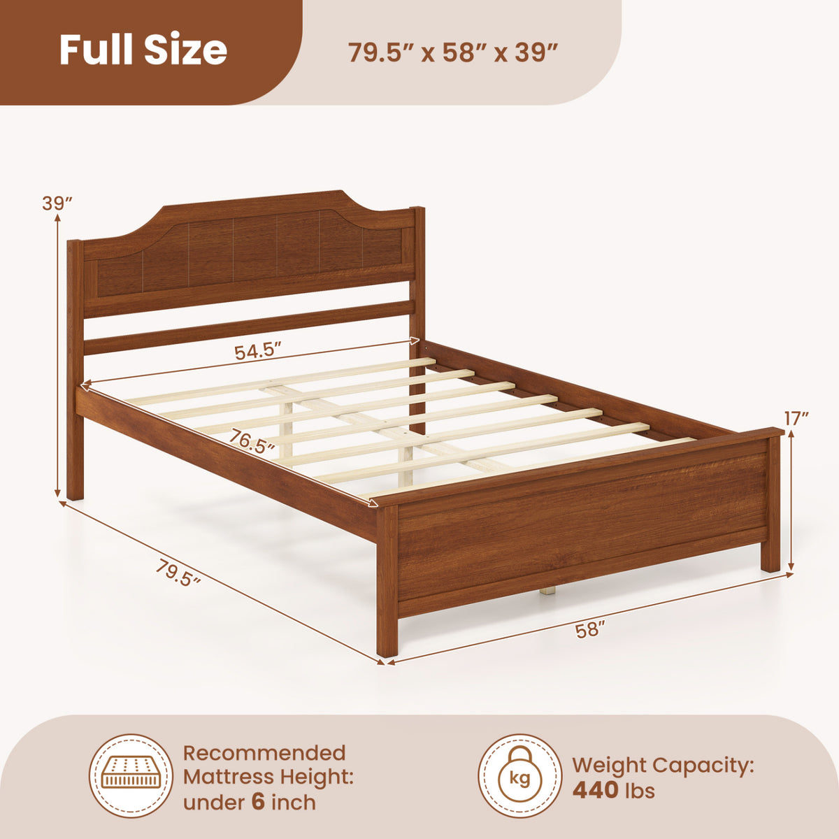 Multiple Size Solid Wood Platform Bed Frame with Headboard in Walnut-Full Size view 5