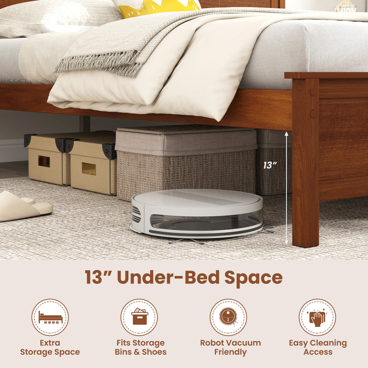 Multiple Size Solid Wood Platform Bed Frame with Headboard in Walnut-Full Size view 8