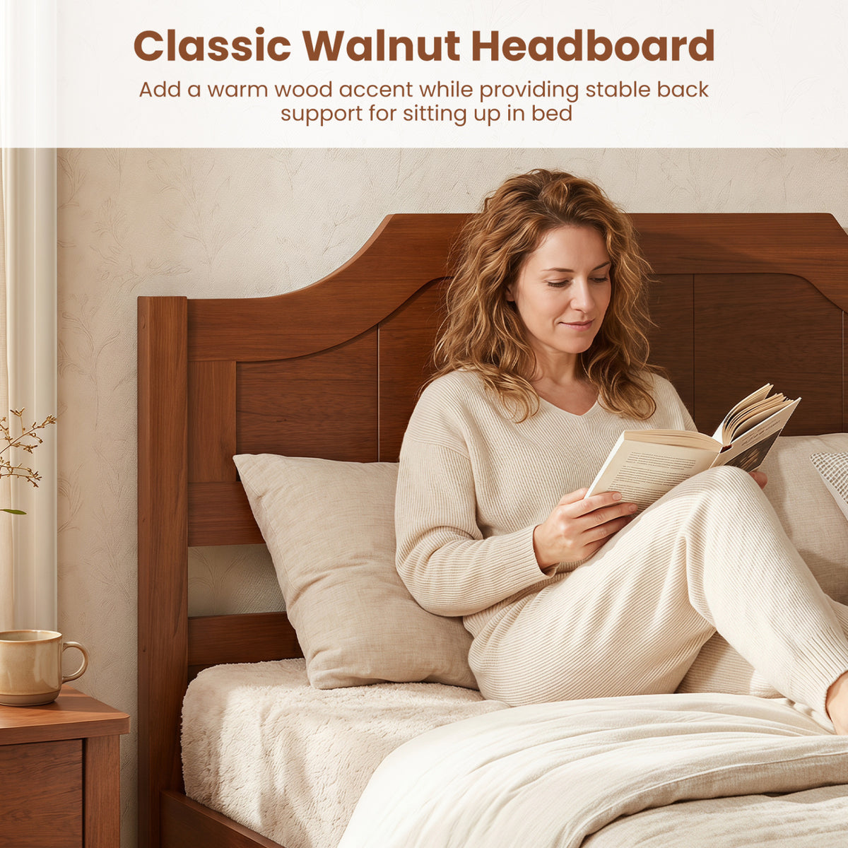 Multiple Size Solid Wood Platform Bed Frame with Headboard in Walnut-Twin Size view 6