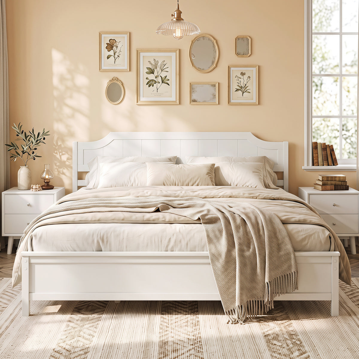Multiple Size Solid Wood Platform Bed Frame with Headboard in White-King Size view 2