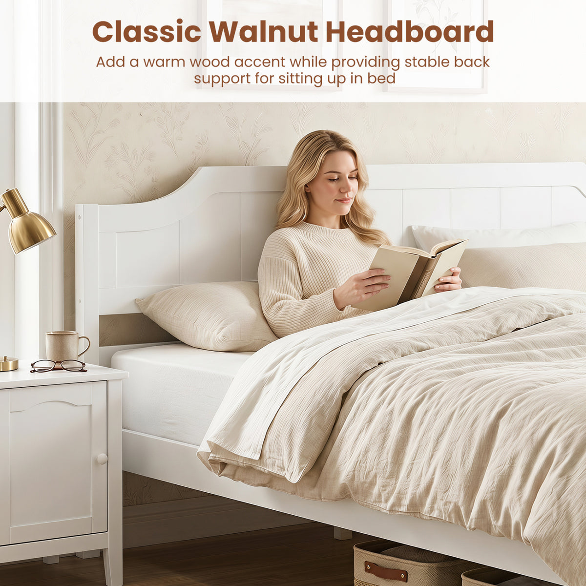 Multiple Size Solid Wood Platform Bed Frame with Headboard in White-King Size view 7