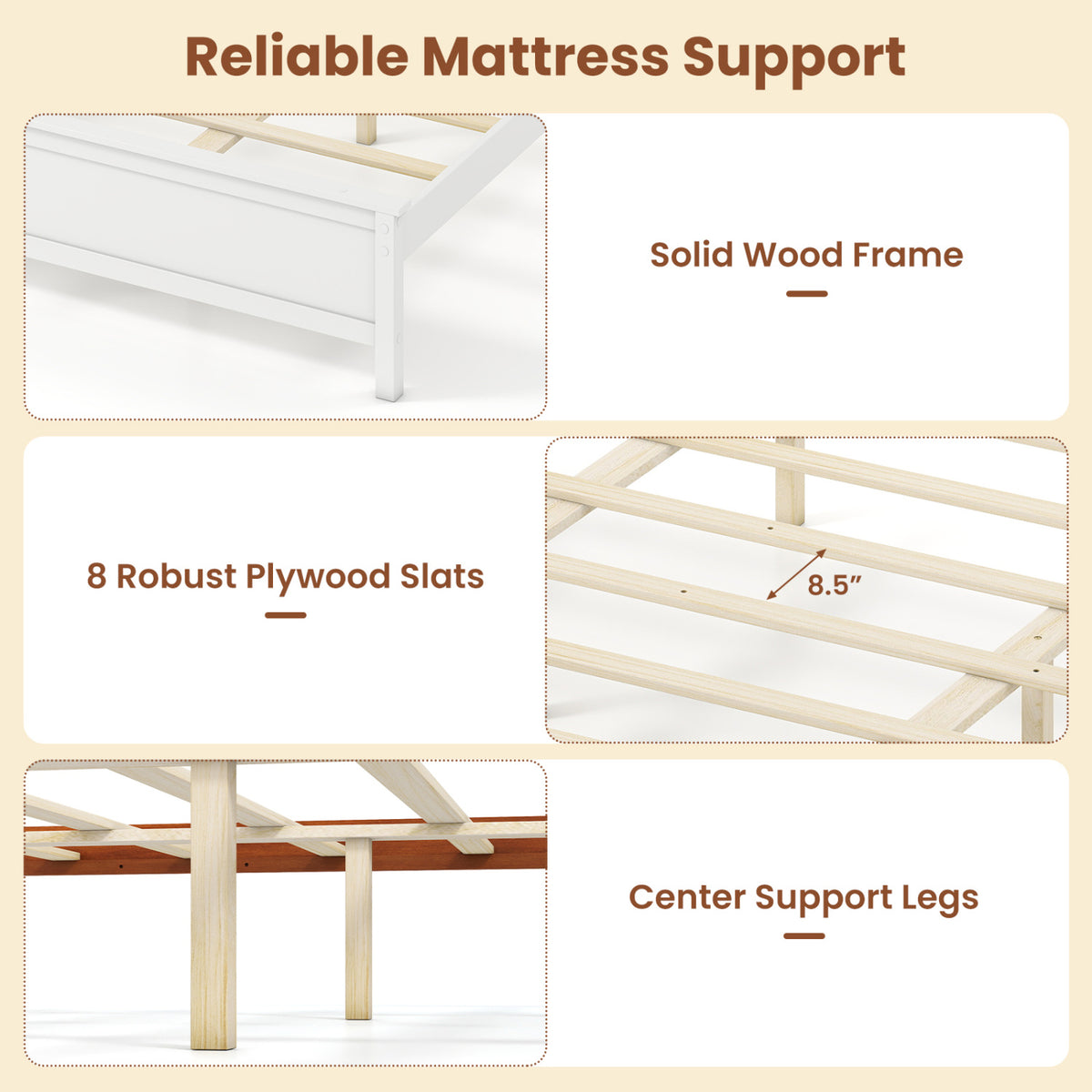 Multiple Size Solid Wood Platform Bed Frame with Headboard in White-King Size view 9