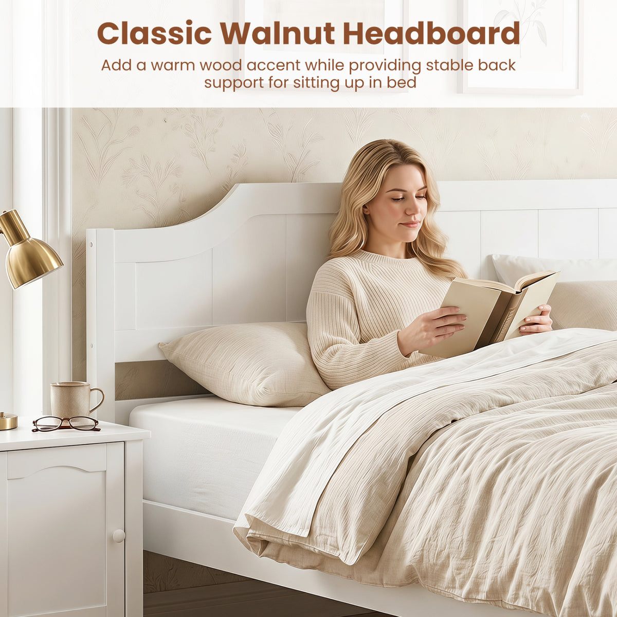 Multiple Size Solid Wood Platform Bed Frame with Headboard in White-Queen Size view 7