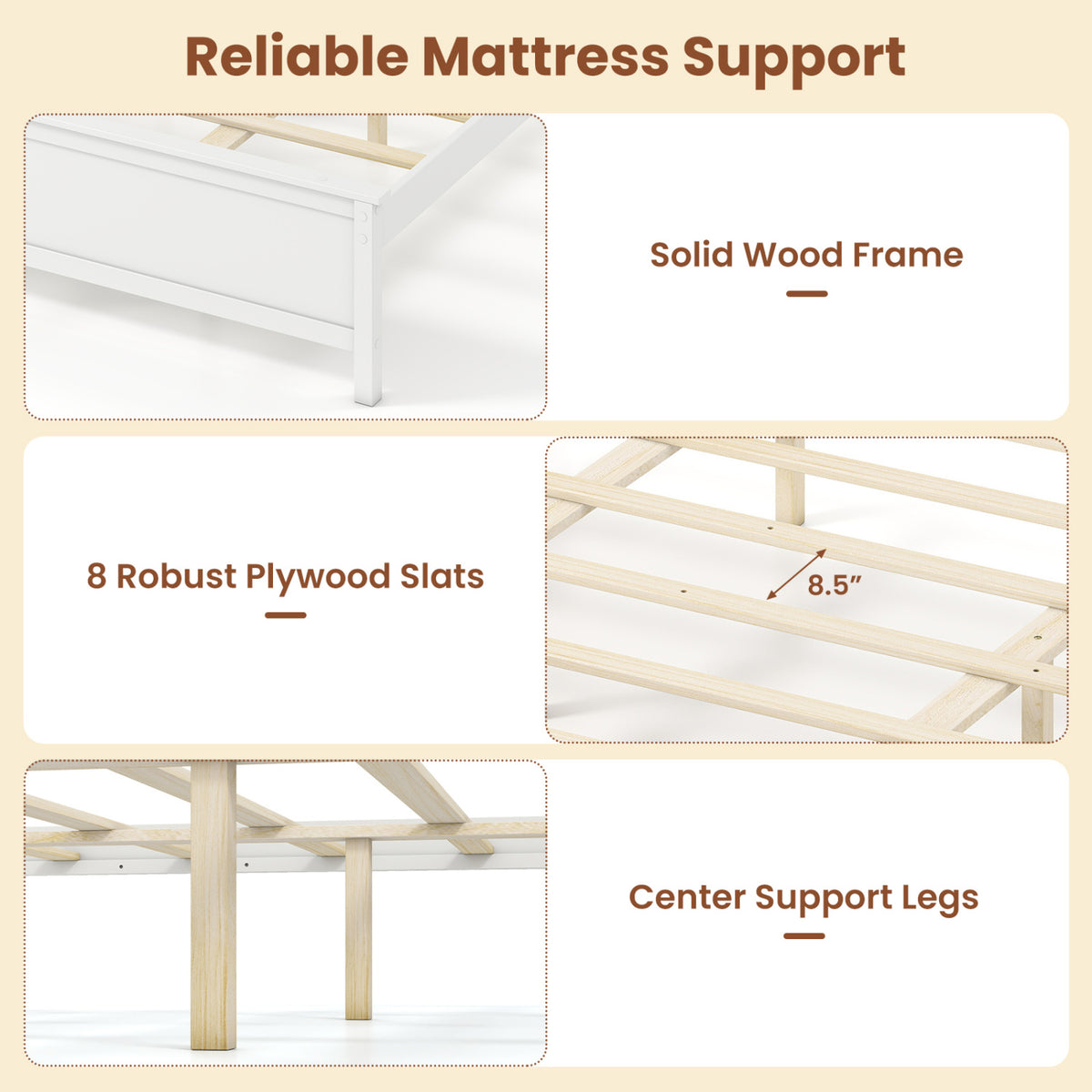 Multiple Size Solid Wood Platform Bed Frame with Headboard in White-Queen Size view 9