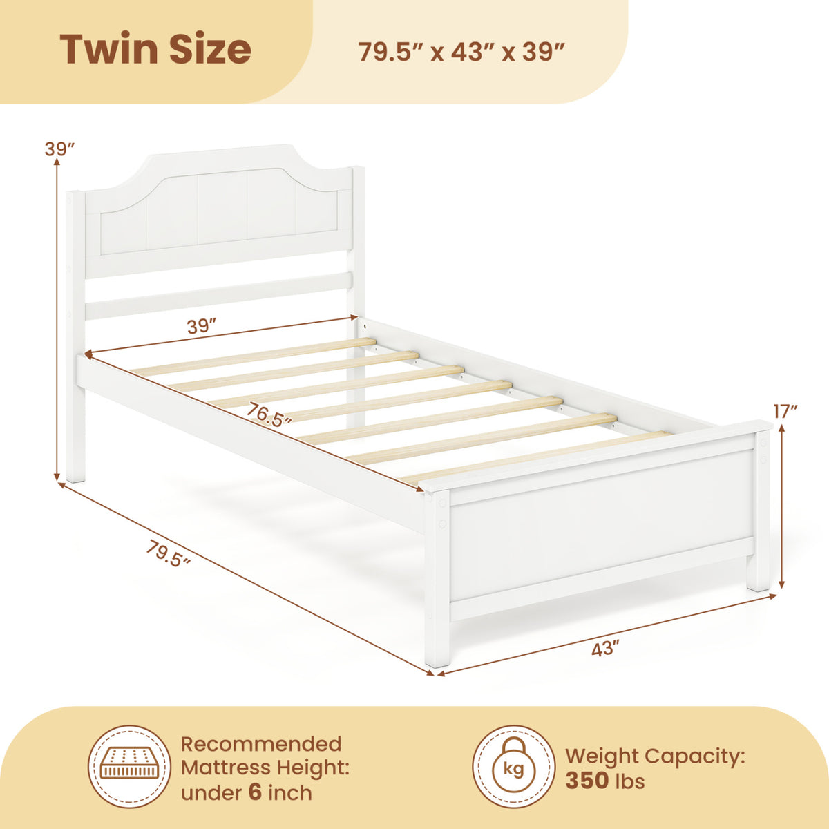 Multiple Size Solid Wood Platform Bed Frame with Headboard in White-Twin Size view 5