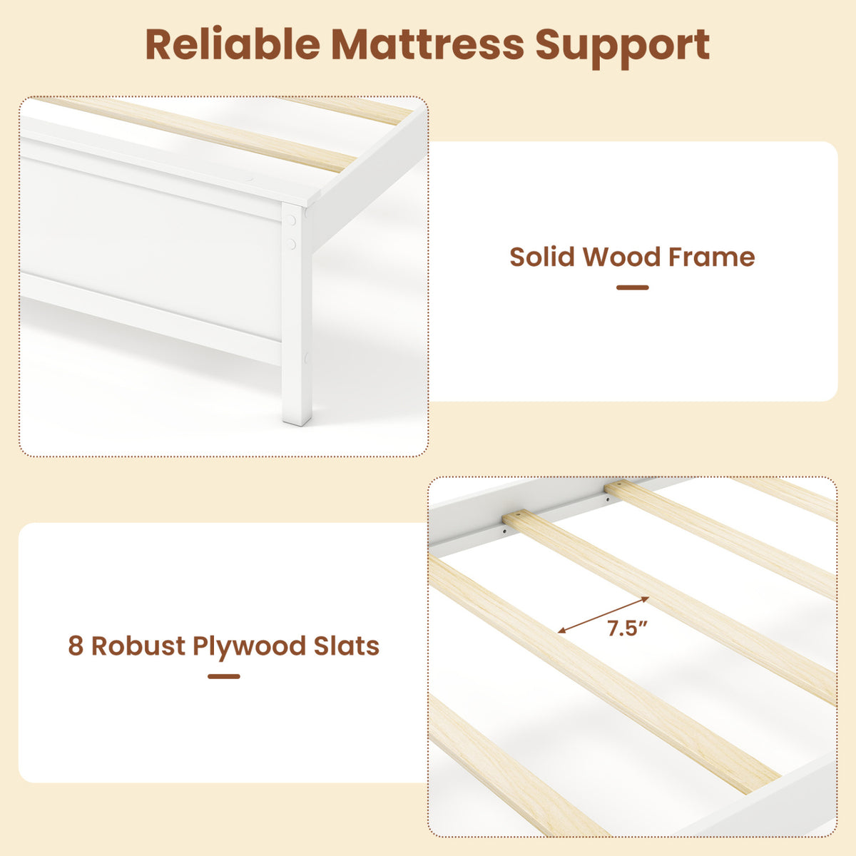 Multiple Size Solid Wood Platform Bed Frame with Headboard in White-Twin Size view 9