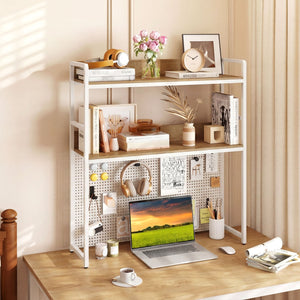 Multipurpose 2-Tier Desktop Bookshelf with Pegboard for up to 32 Inch Computer Monitor-Natural view 2