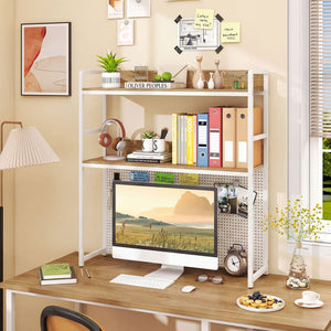 Multipurpose 2-Tier Desktop Bookshelf with Pegboard for up to 32 Inch Computer Monitor-Natural view 3