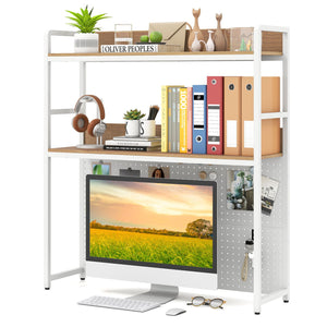 Multipurpose 2-Tier Desktop Bookshelf with Pegboard for up to 32 Inch Computer Monitor-Natural view 6