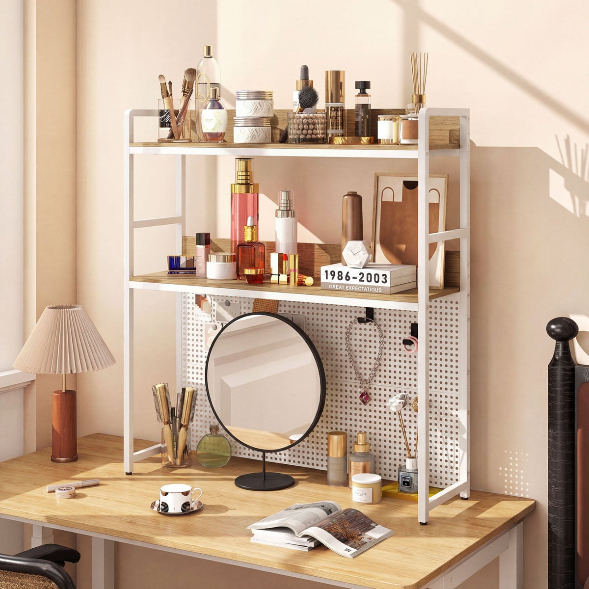 Multipurpose 2-Tier Desktop Bookshelf with Pegboard for up to 32 Inch Computer Monitor-Natural view 7