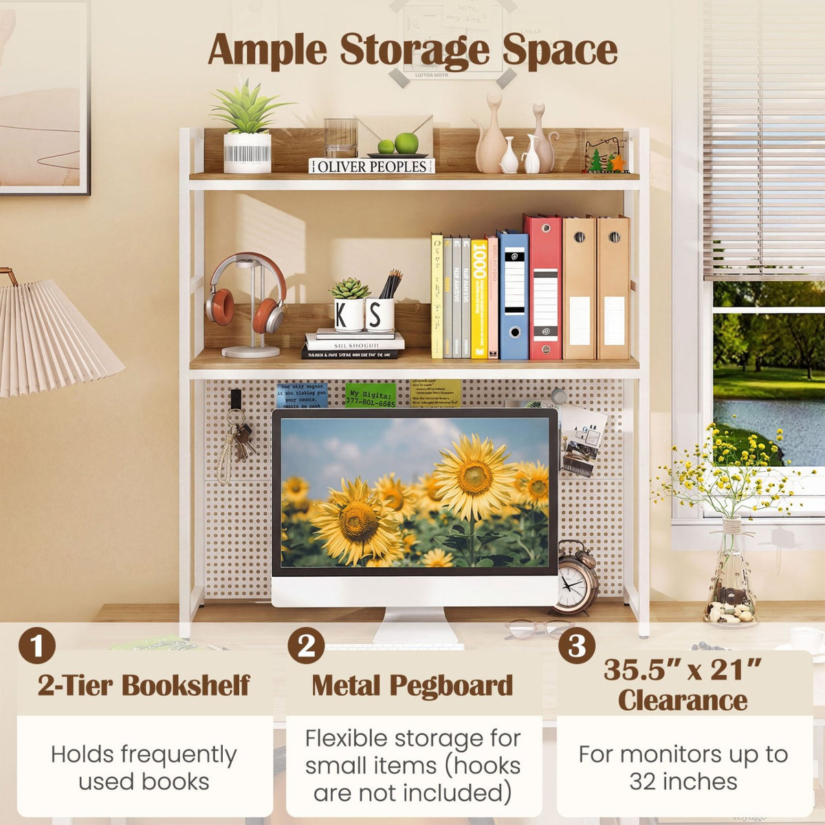 Multipurpose 2-Tier Desktop Bookshelf with Pegboard for up to 32 Inch Computer Monitor-Natural view 8