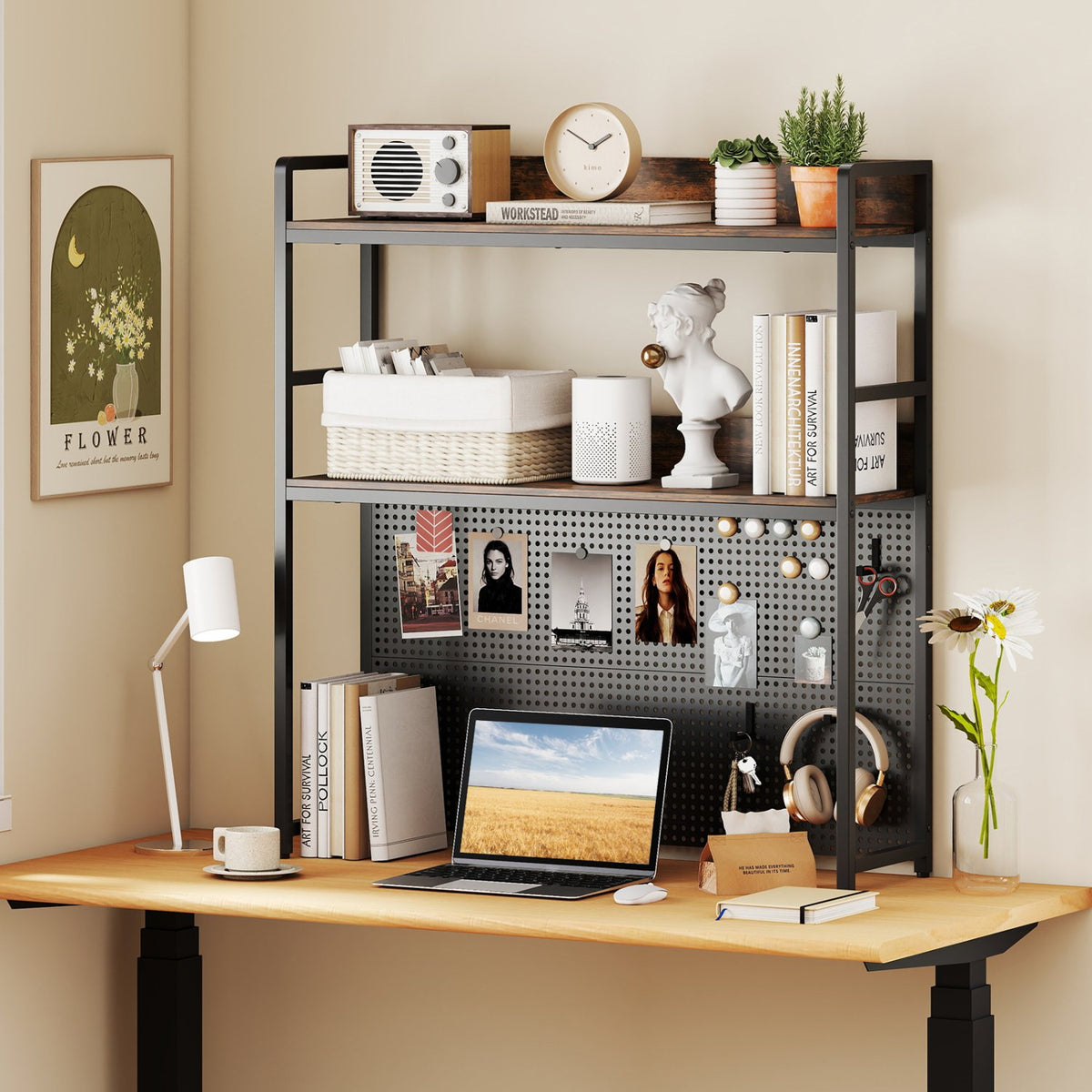 Multipurpose 2-Tier Desktop Bookshelf with Pegboard for up to 32 Inch Computer Monitor-Rustic Brown view 2
