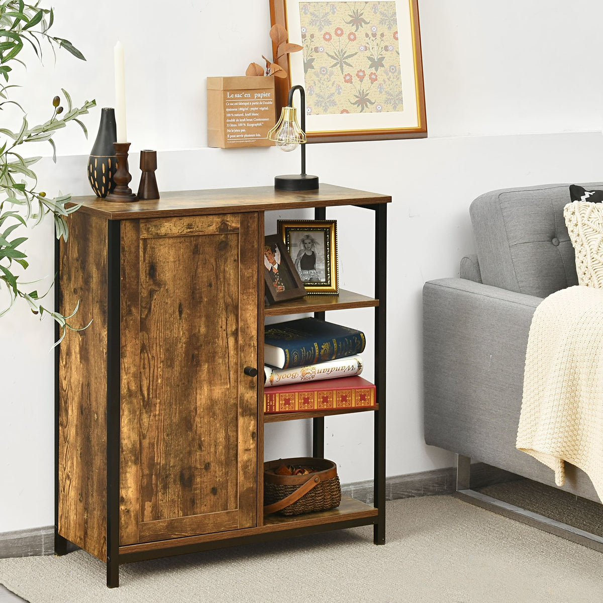 Multipurpose Freestanding Storage Cabinet with 3 Open Shelves and Doors view 2