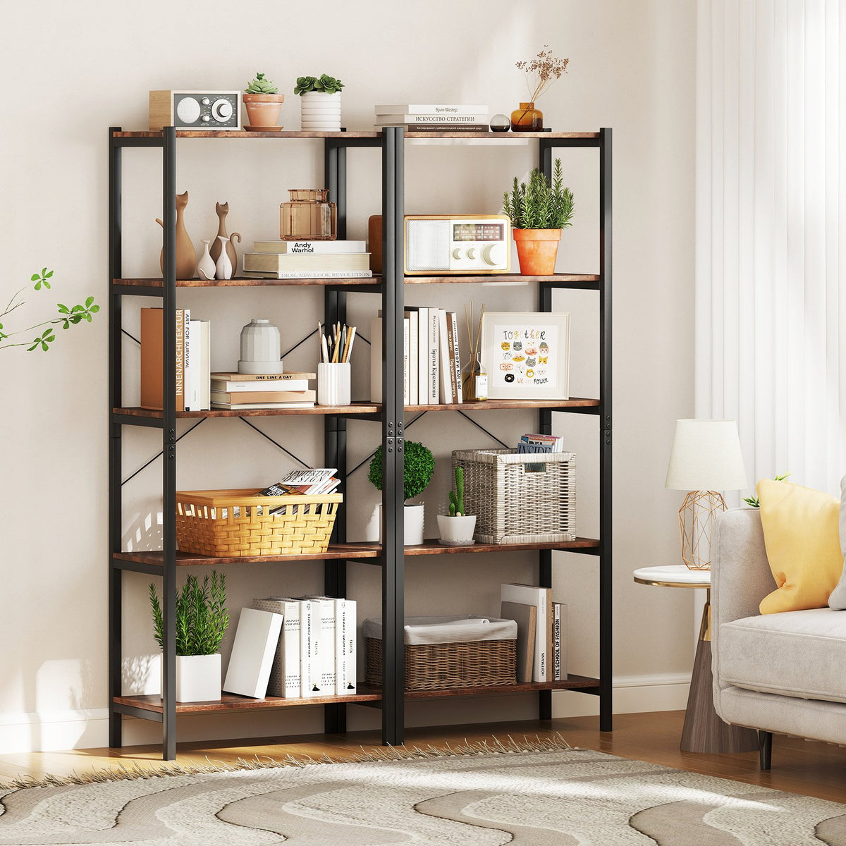 Multipurpose Open Bookcase Industrial Rack Wide Standing Storage Shelf-Brown view 2