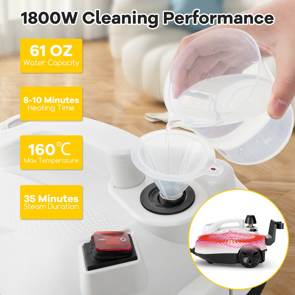 Multipurpose Steam Cleaner 1800W Portable Household Steamer with 61 oz Tank-Gray & White view 6