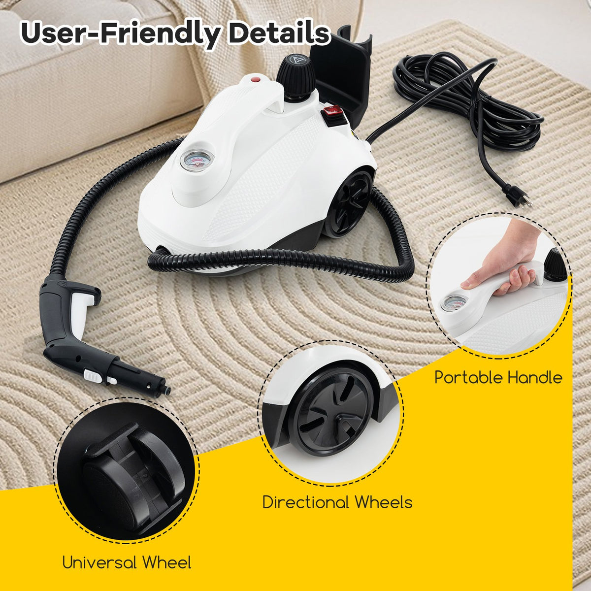 Multipurpose Steam Cleaner 1800W Portable Household Steamer with 61 oz Tank-Gray & White view 7