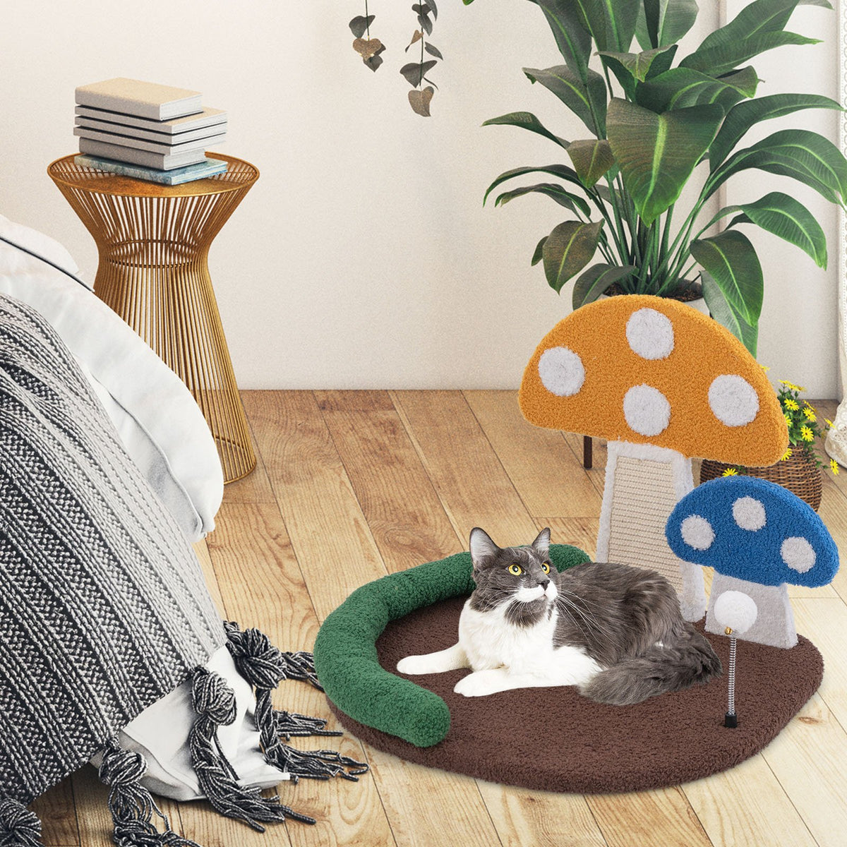 Mushroom Cat Bed Cat Claw Scratcher with Wide Bed and Sisal Scratch Panel-Multicolor view 2