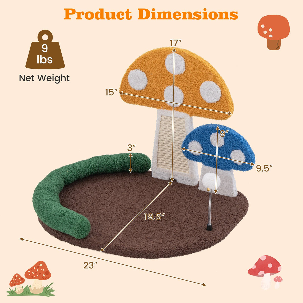 Mushroom Cat Bed Cat Claw Scratcher with Wide Bed and Sisal Scratch Panel-Multicolor view 5