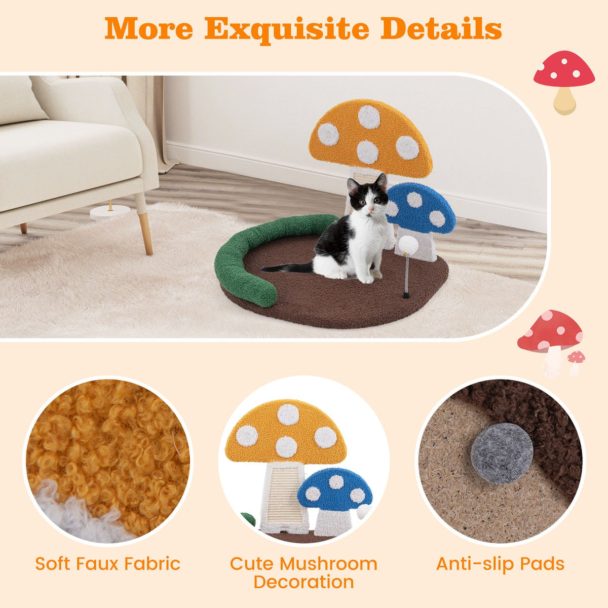 Mushroom Cat Bed Cat Claw Scratcher with Wide Bed and Sisal Scratch Panel-Multicolor view 9