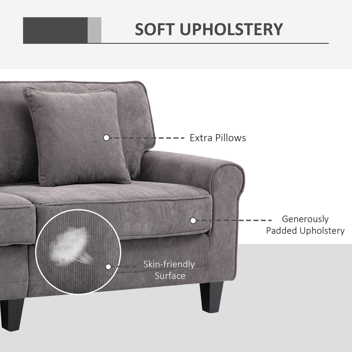 Modern 3 Seater Sofa, Corduroy Fabric 3 Seater Couch with Pine Wood Legs and Rolled Armrests for Living – view 17