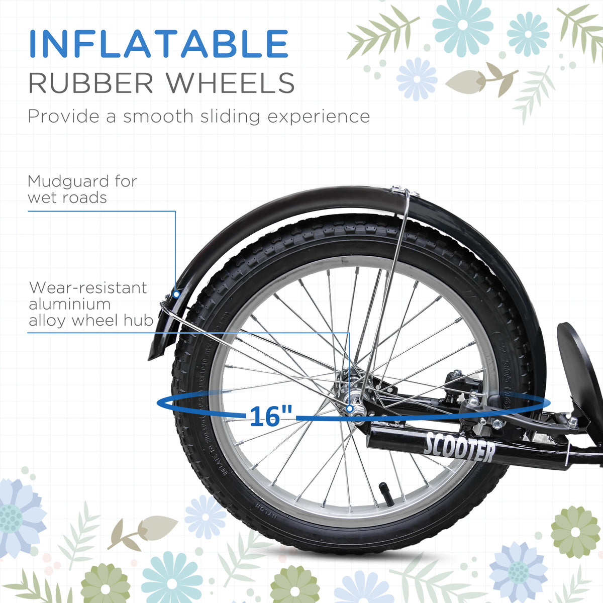 Aosom Kick Scooter with Adjustable Handlebar, Kids Scooter with 2 Brakes Basket Cupholder 16" Inflatable Rubber Tyres