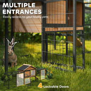Rabbit Hutch Outdoor, 85"L Large Wooden Bunny Cage with Run Box, Removable Plastic Tray, Asphalt Roof, Ramp, Yellow