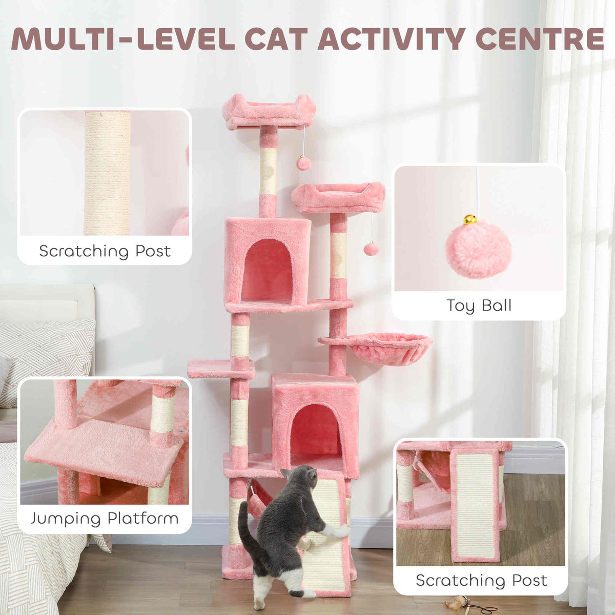 Cat Tree, 70" Multi-Level Cat Tower with 2 Condos, 2 Perches, Hammock, Toy Balls – view 24
