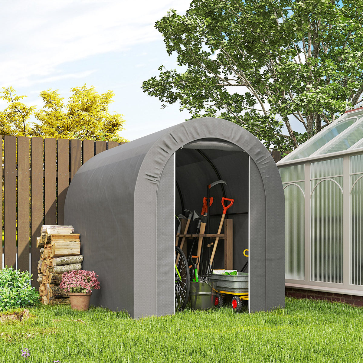 5' x 8' Outdoor Storage Shed, Heavy Duty Galvanized Steel Portable Shed for Bike, Motorcycle, Garden Tools – view 14