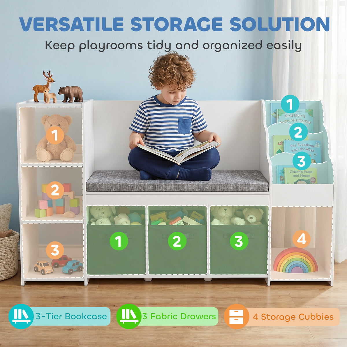 Qaba Kids Storage Shelf with Reading Nook, Toy Storage Organizer with Seat Cushion, 3 Fabric Drawers for Playroom, Nursery