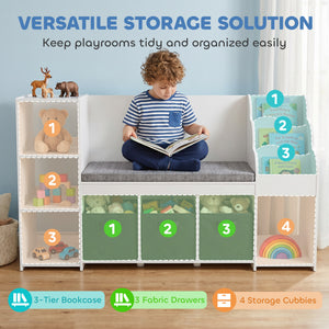 Qaba Kids Storage Shelf with Reading Nook, Toy Storage Organizer with Seat Cushion, 3 Fabric Drawers for Playroom, Nursery